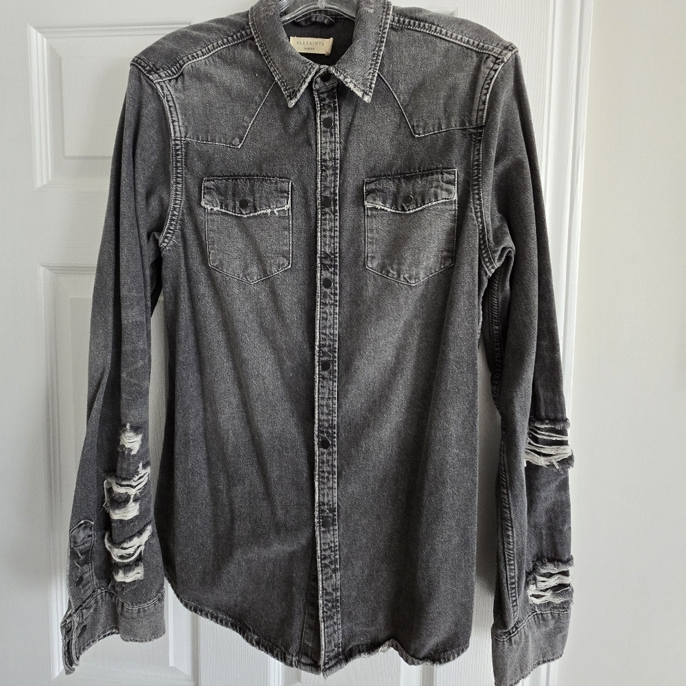 All Saints Charcoal Distressed Button Down Shirt